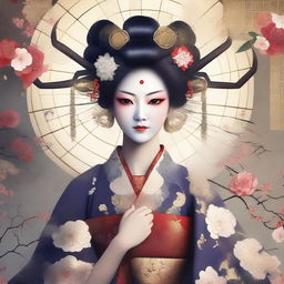 A high-quality digital art image of a beautiful Japanese spider goddess, the weaver of fate and protector of children