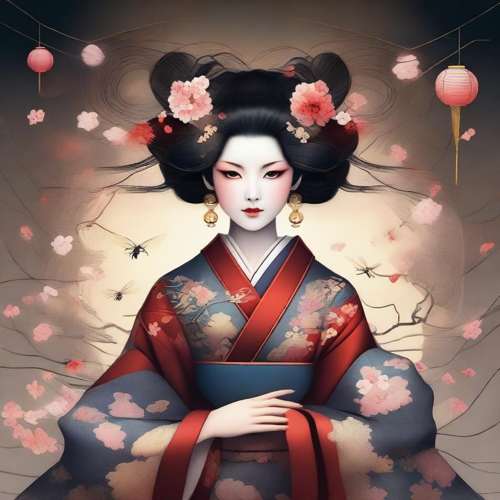 A high-quality digital art image of a beautiful Japanese spider goddess, the weaver of fate and protector of children