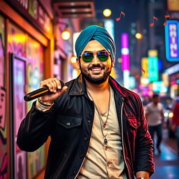 A vibrant portrait of Karan Aujla, a charismatic Punjabi singer and songwriter, depicted in a dynamic urban setting
