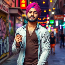 A vibrant portrait of Karan Aujla, a charismatic Punjabi singer and songwriter, depicted in a dynamic urban setting