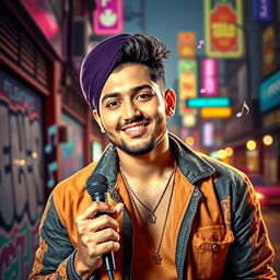 A vibrant portrait of Karan Aujla, a charismatic Punjabi singer and songwriter, depicted in a dynamic urban setting