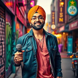 A vibrant portrait of Karan Aujla, a charismatic Punjabi singer and songwriter, depicted in a dynamic urban setting