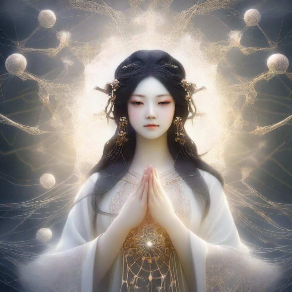 A high-quality digital art image of a beautiful Japanese spider goddess, the weaver of fate and protector of children