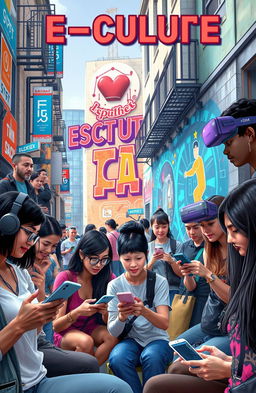 A visual exploration of the impact of e-culture on society, showcasing diverse individuals engaging with technology in various settings