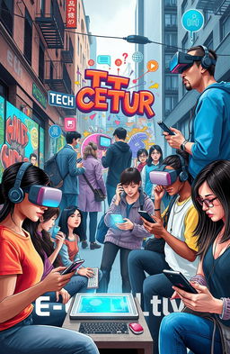 A visual exploration of the impact of e-culture on society, showcasing diverse individuals engaging with technology in various settings
