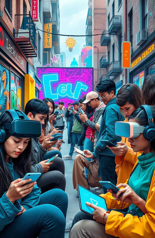 A visual exploration of the impact of e-culture on society, showcasing diverse individuals engaging with technology in various settings
