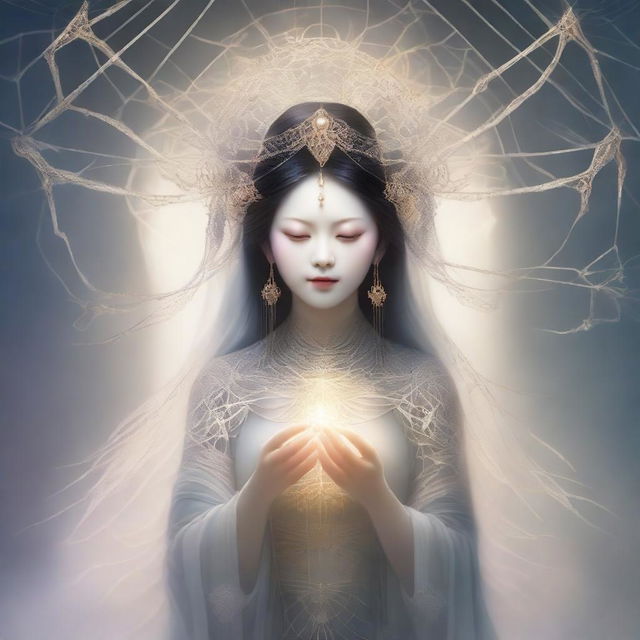 A high-quality digital art image of a beautiful Japanese spider goddess, the weaver of fate and protector of children