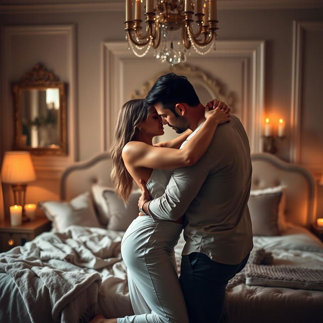 A romantic and intimate scene depicting two adults passionately embracing in a softly lit bedroom, surrounded by luxurious decor