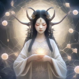 A high-quality digital art image of a beautiful Japanese spider goddess, the weaver of fate and protector of children