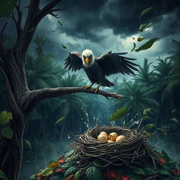 A dense forest scene during a fierce storm with dark, ominous clouds swirling above and strong winds causing trees to bend dramatically