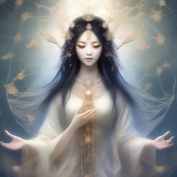 A high-quality digital art image of a beautiful Japanese spider goddess, the weaver of fate and protector of children