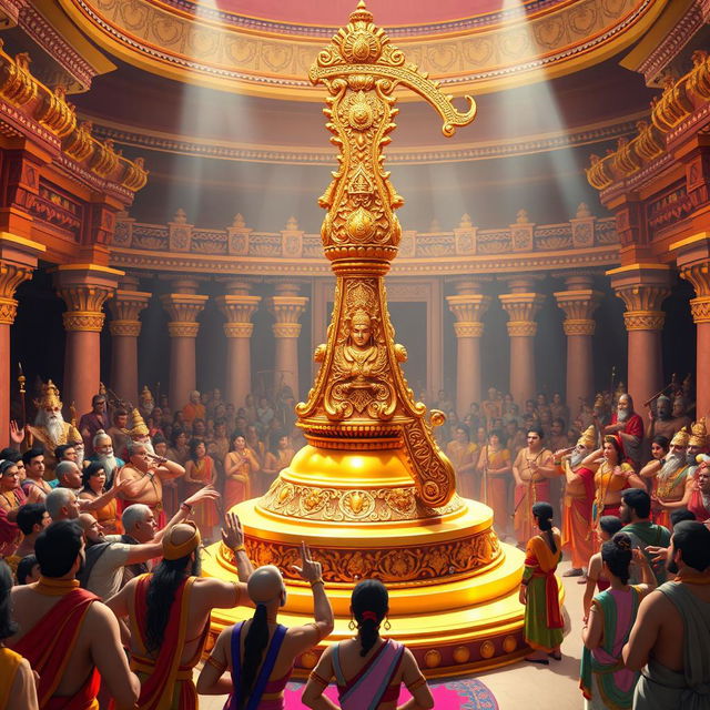 In a vibrant cinematic 3D cartoon style, depict the grand royal court of King Janaka bustling with noblemen, wise sages, and mighty warriors