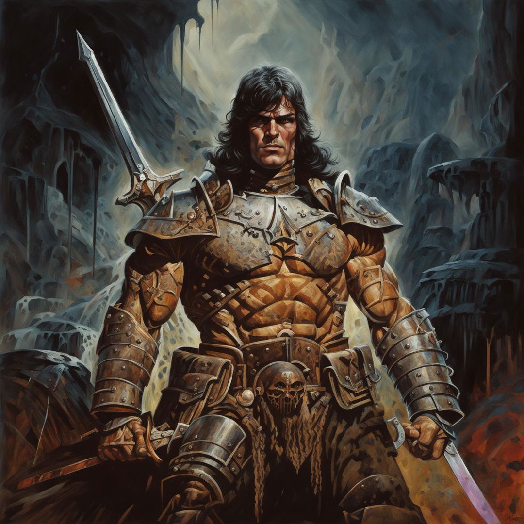 This is a high-quality digital art image of a male warrior in a 70s style dark fantasy setting