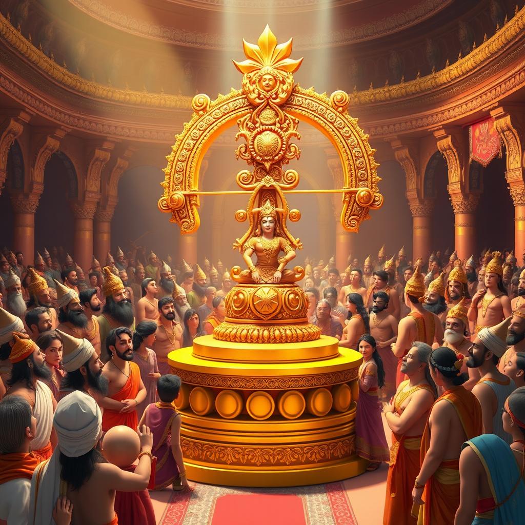 In a vibrant cinematic 3D cartoon style, depict the grand royal court of King Janaka bustling with noblemen, wise sages, and mighty warriors