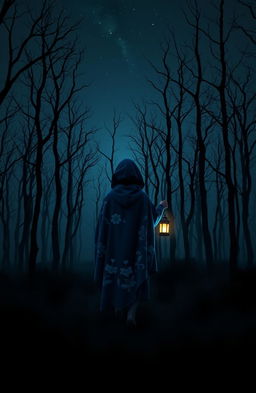 A dark and misty forest with no grass, featuring eerie dead trees silhouetted against a night sky devoid of stars