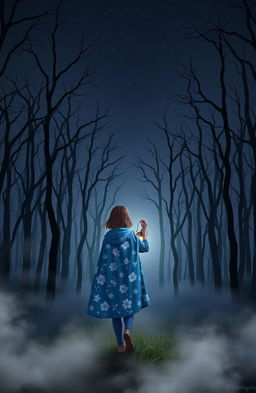 A dark and misty forest with no grass, featuring eerie dead trees silhouetted against a night sky devoid of stars