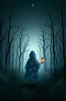 A dark and misty forest with no grass, featuring eerie dead trees silhouetted against a night sky devoid of stars