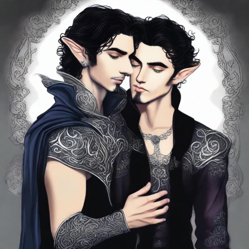 This is a high-quality digital art image of a gay couple in a loving embrace