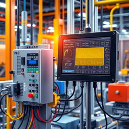 A detailed illustration of PLC (Programmable Logic Controller) and HMI (Human-Machine Interface) communication in an industrial environment