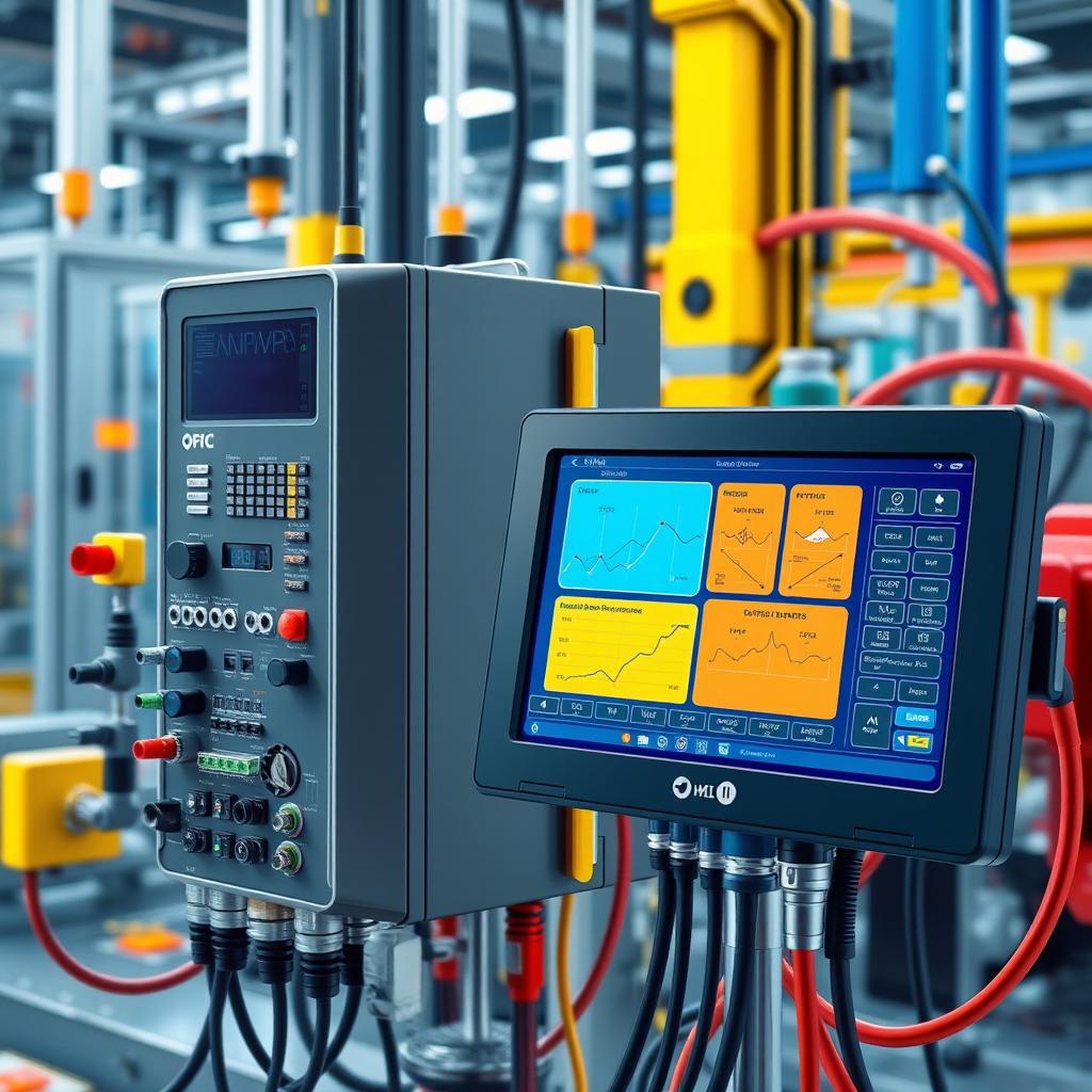 A detailed illustration of PLC (Programmable Logic Controller) and HMI (Human-Machine Interface) communication in an industrial environment
