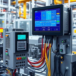 A detailed illustration of PLC (Programmable Logic Controller) and HMI (Human-Machine Interface) communication in an industrial environment