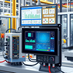 A detailed illustration of PLC (Programmable Logic Controller) and HMI (Human-Machine Interface) communication in an industrial environment