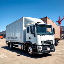 A brand new white Isuzu truck with a large shipping container attached, parked in an industrial area during the daytime