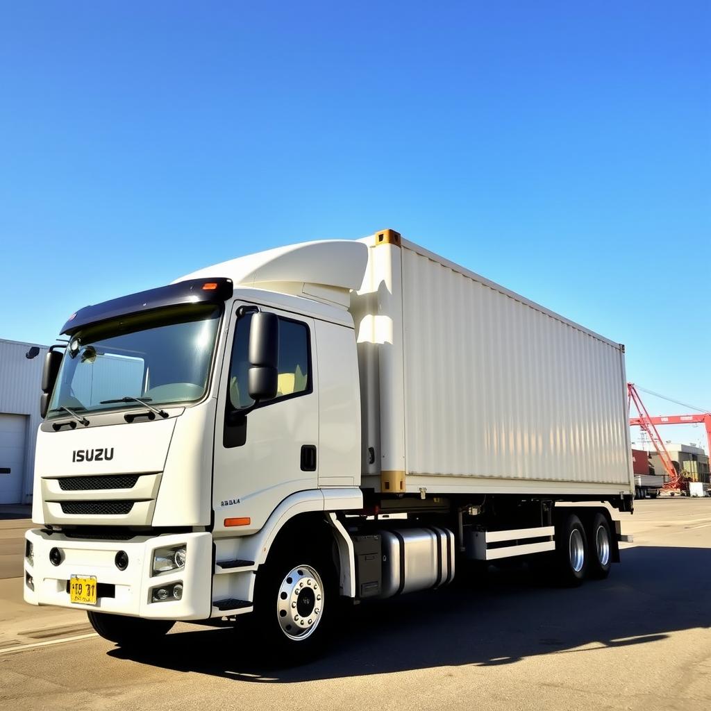 A brand new white Isuzu truck with a large shipping container attached, parked in an industrial area during the daytime