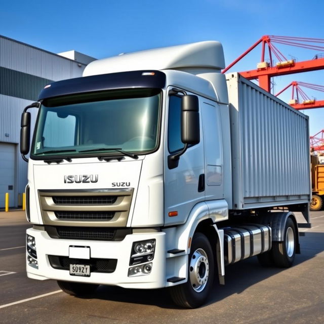 A brand new white Isuzu truck with a large shipping container attached, parked in an industrial area during the daytime