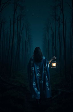 A dark and misty forest at night with no grass and dead trees, filled with an eerie atmosphere