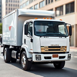 A sleek and modern white Isuzu truck with a new cab design, equipped with a large, sturdy container in the back