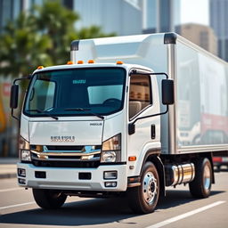 A sleek and modern white Isuzu truck with a new cab design, equipped with a large, sturdy container in the back