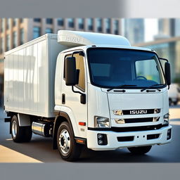 A sleek and modern white Isuzu truck with a new cab design, equipped with a large, sturdy container in the back