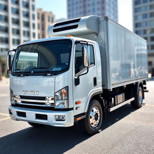 A sleek and modern white Isuzu truck with a new cab design, equipped with a large, sturdy container in the back