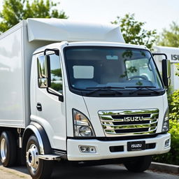 A brand-new white Isuzu truck with many mirrors, showcasing its modern design and sleek features