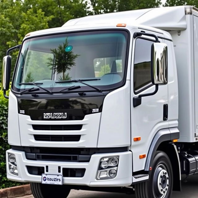 A brand-new white Isuzu truck with many mirrors, showcasing its modern design and sleek features