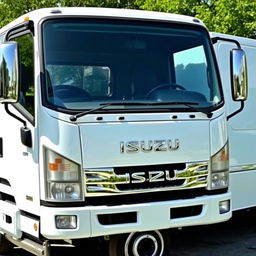 A brand-new white Isuzu truck with many mirrors, showcasing its modern design and sleek features