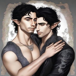 This is a high-quality digital art image of a gay couple in a loving embrace