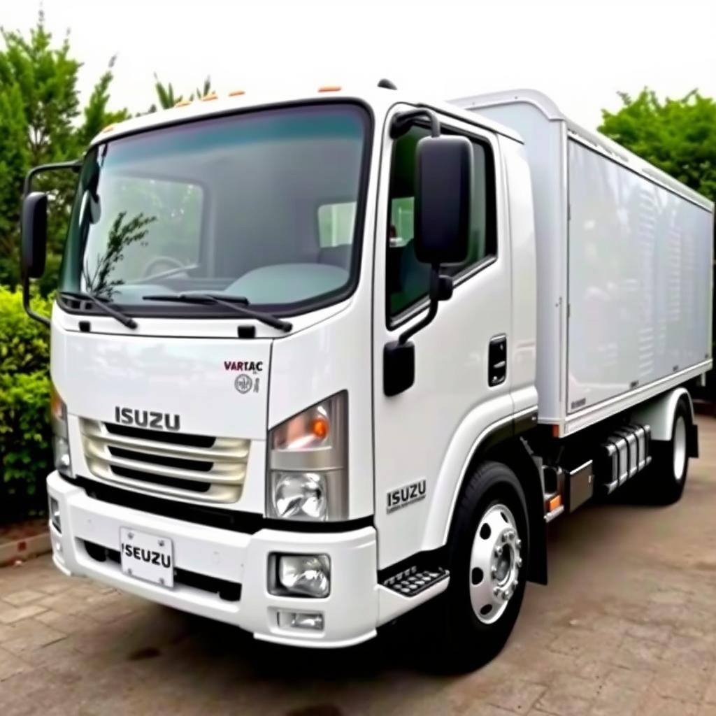 A brand-new white Isuzu truck with many mirrors, showcasing its modern design and sleek features