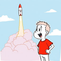A white cartoon character wearing a bright red T-shirt, standing excitedly while watching a rocket launch