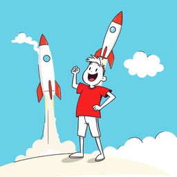 A white cartoon character wearing a bright red T-shirt, standing excitedly while watching a rocket launch