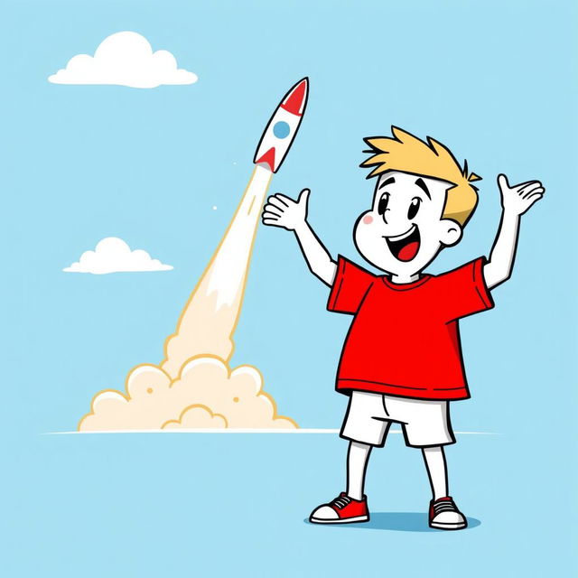 A white cartoon character wearing a bright red T-shirt, standing excitedly while watching a rocket launch