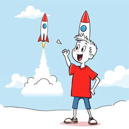 A white cartoon character wearing a bright red T-shirt, standing excitedly while watching a rocket launch