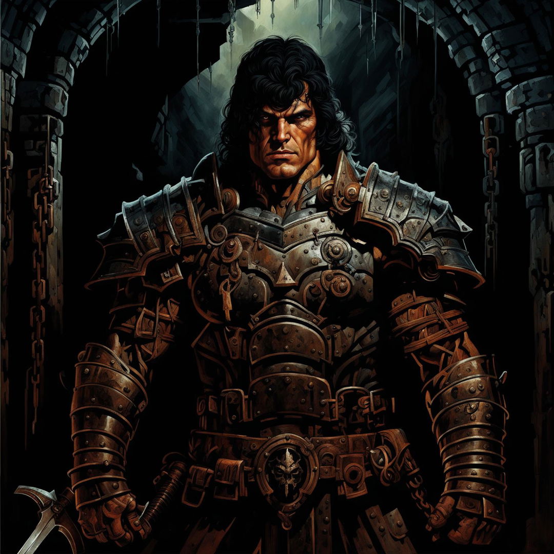 A high-quality digital art image depicts a male warrior in a 70s style dark fantasy setting, now set within the confines of a dimly lit, ominous dungeon