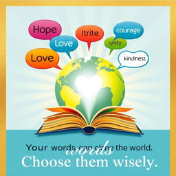 A motivational poster featuring a large, vibrant globe symbolizing unity and the world, surrounded by colorful speech bubbles containing impactful words like 'Hope', 'Love', 'Courage', 'Unity', and 'Kindness'