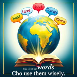 A motivational poster featuring a large, vibrant globe symbolizing unity and the world, surrounded by colorful speech bubbles containing impactful words like 'Hope', 'Love', 'Courage', 'Unity', and 'Kindness'