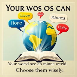 A motivational poster featuring a large, vibrant globe symbolizing unity and the world, surrounded by colorful speech bubbles containing impactful words like 'Hope', 'Love', 'Courage', 'Unity', and 'Kindness'
