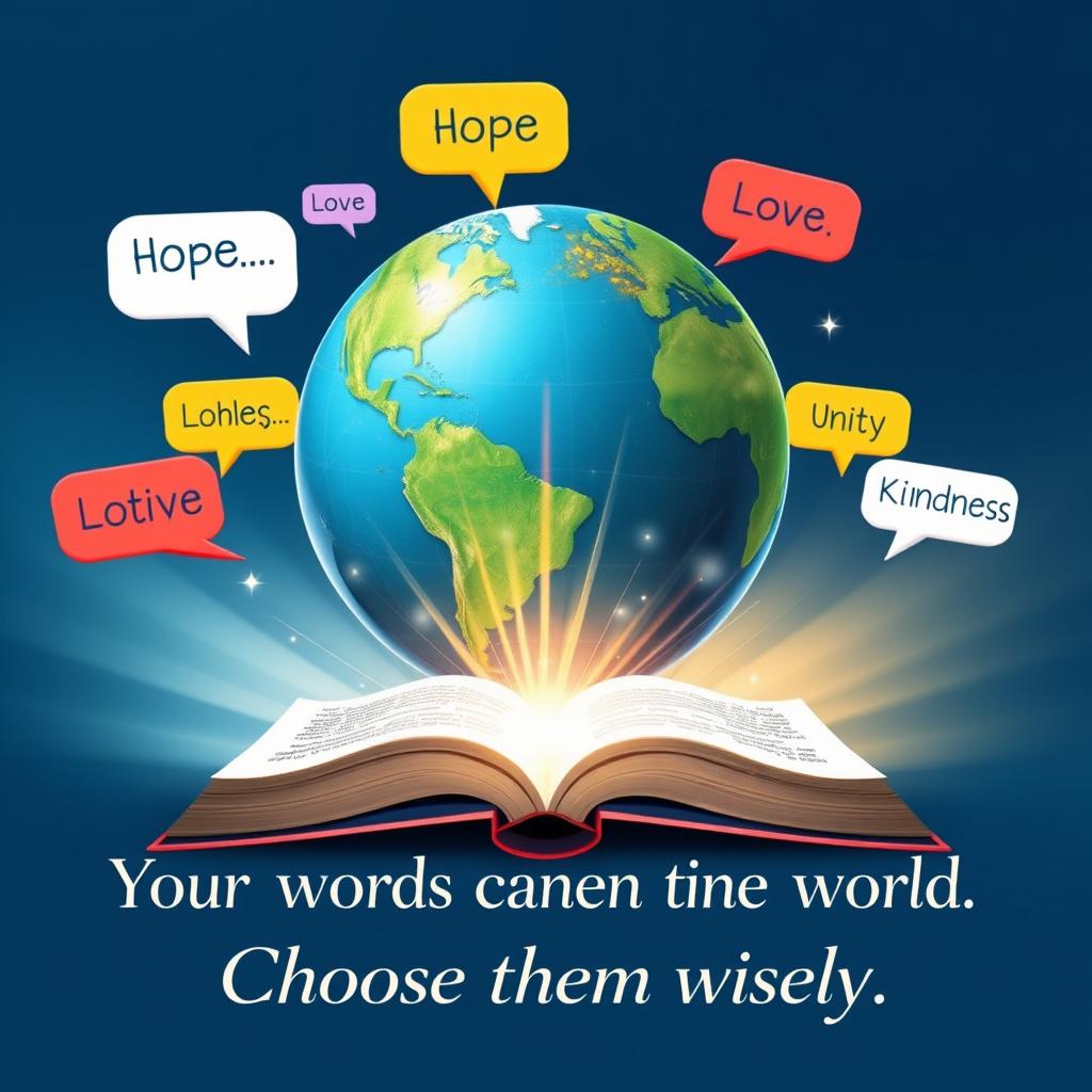 A motivational poster featuring a large, vibrant globe symbolizing unity and the world, surrounded by colorful speech bubbles containing impactful words like 'Hope', 'Love', 'Courage', 'Unity', and 'Kindness'