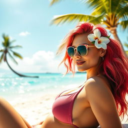 A stunning blonde with vibrant strawberry-colored hair, relaxing on a sun-drenched Caribbean beach