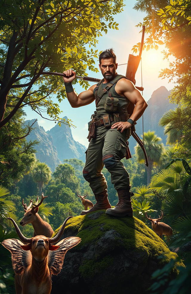 A dynamic action scene featuring a powerful hunter in a lush forest, clad in rugged survival gear with a bow slung over his shoulder and a determined expression